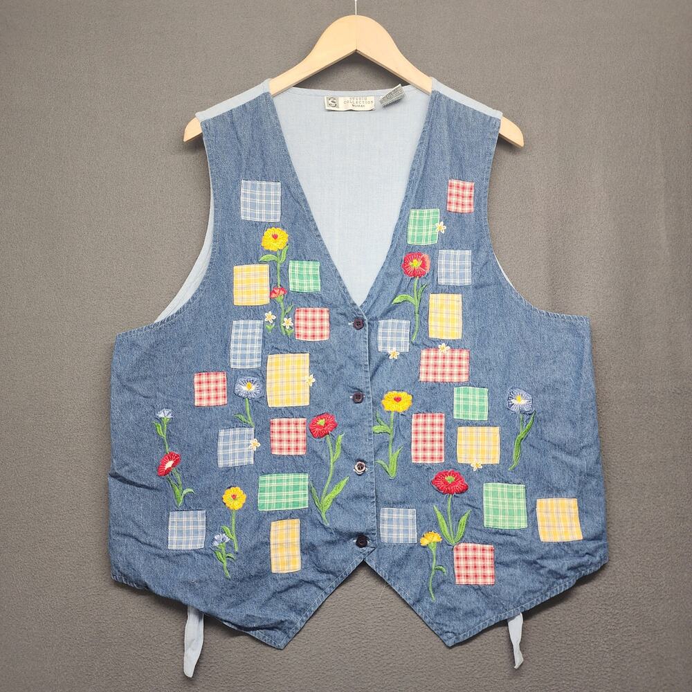 Womens 22W Patchwork Denim Vest Embroidered Cottagecore Floral Button Front